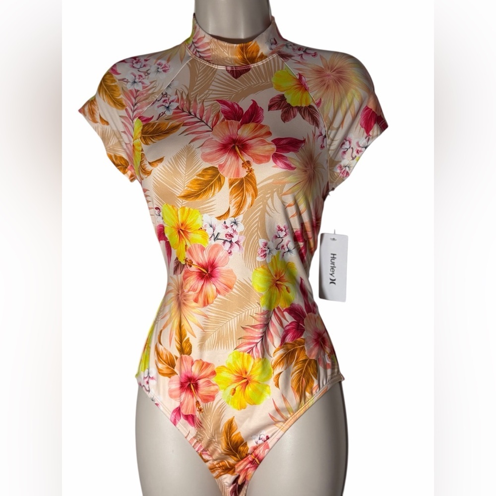 Hurley pink yellow tropical body Floral swimsuit Women Size Medium New with Tags
